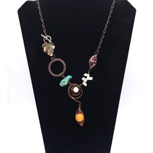 Artisan Gemstone Pearl Necklace Bronze Tone Asymmetrical Boho